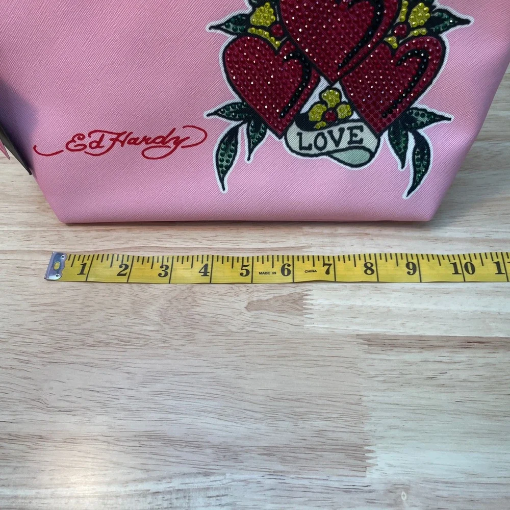 Ed Hardy Pink Rhinestone Heart‎ Love Cosmetic Makeup Bag Travel Pouch New